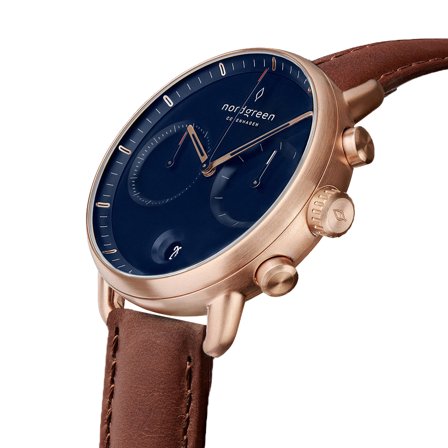 Nordgreen - Minimalistyczny Męski Duński Zegarek Chronograf - Granatowa Tarcza - Pasek Skórzany Brązowy