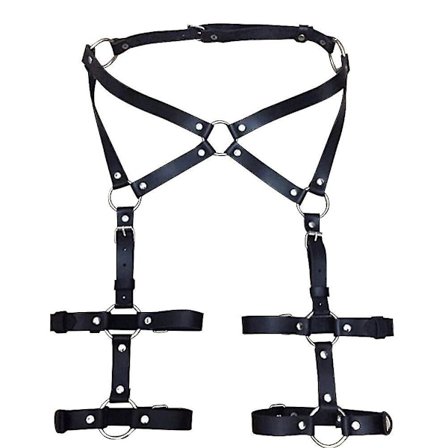 Justerbar PU-lærsele i punk-stil med 2 rader benstropper, midjebånd og suspenders