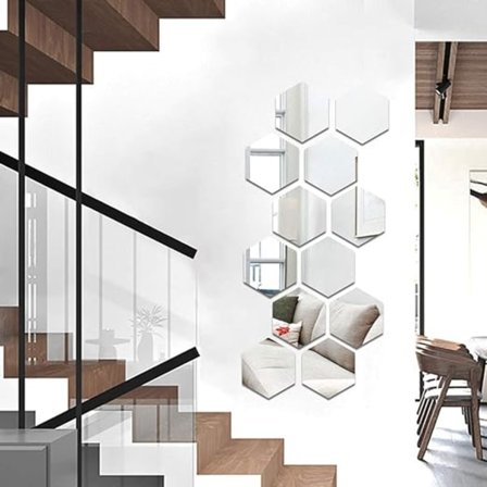 12 stk. Sekskantede, Sølv Akryl Speil Adhesive Vegg Speil Vegg