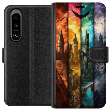 Kompatibel Tegnebogsetui til Sony Sony Xperia 5 III Fire magiske slotte i forskellige elementfarver, episk fantasykunst med ild vand luft og mørke i