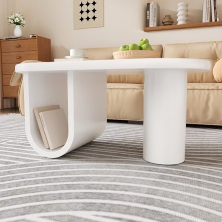 Vitt ovalt soffbord med förvaringsutrymme – Modernt soffbord med U-bensdesign (98,5x53,5x42cm) lätt att underhålla & stabilt
