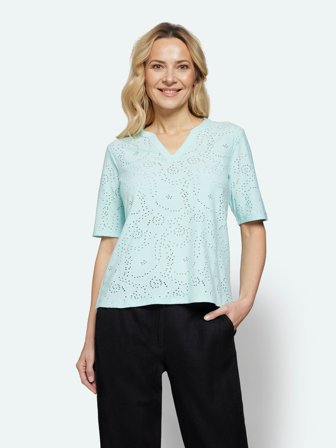 SIGNATURE - Kortærmet T-shirt - Turkis - Broderie Anglaise