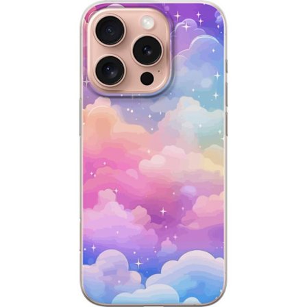 Kompatibelt Mobildeksel til Apple iPhone 16 Pro Søt enhjørning med regnbuefarget hår mot en stjernebelagt pastellbakgrunn i kawaii-stil