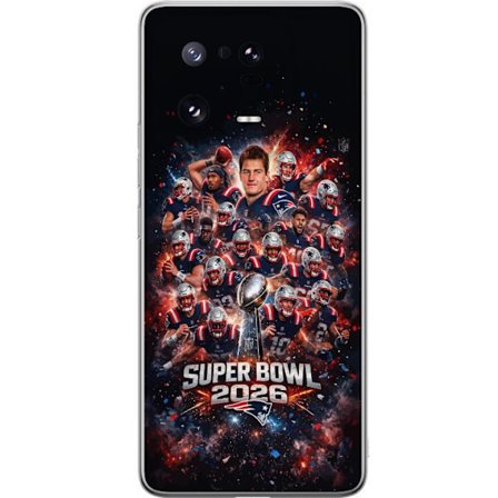 Yhteensopiva Puhelinkuori Xiaomi 13 Pro Super Bowl 2026 juliste, jossa New England Patriots ja NFL-mestaruuspalkinto räjähtävän urheilullisessa suunni