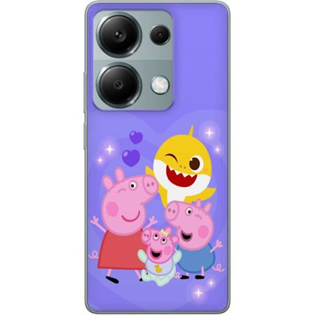 Yhteensopiva Puhelinkuori Xiaomi Redmi Note 13 Pro 4G Peppa Possu -kuviot sydämillä, perhosilla ja ystävillä, vaaleanpunainen tausta pehmeissä lasten