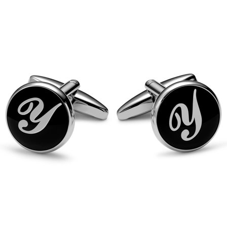 Round Silver-tone and Black Initial Y Cufflinks for Men