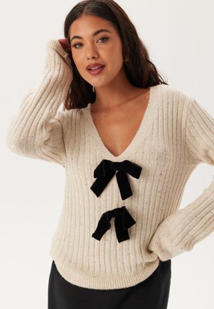 Happy Holly Sparkling Knitted Bow Sweater Cream/Gold 32/34
