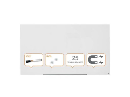 NOBO Whiteboard, Glastavla i widescreenformat, väggmonterad, magnetisk glasyta, 85``, klarvit - Lyreco - Kontorsmöbler och inredning - 