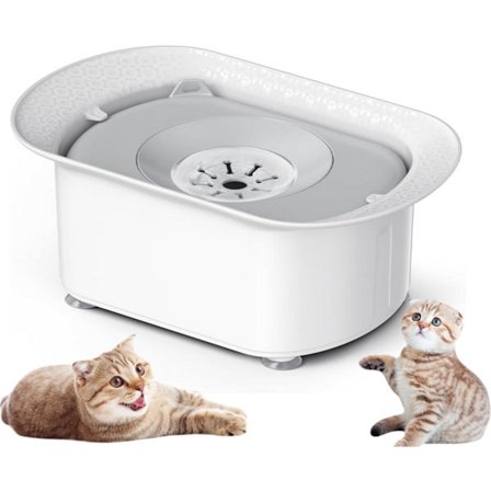 Hundevannskål, sølefri, sprutsikker design, sklisikker sugekopp og sakteflytende, dryppfri dispenser, 2200 ml), hvit, grå