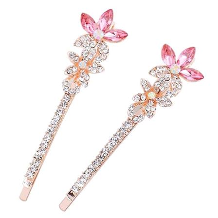2 stk. Mode Metal Krystal Blomst Hårklemmer Rhinestone Hårspænder Bobby Pins Hårnål Hårtilbehør Hovedbeklædning Styling Værktøjer (pink)
