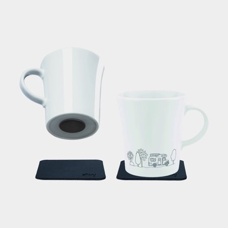 Magnetic porcelain coffee mugs Silwy Porcelain Magnet Handle Camping, white, 27 cl / 270 ml, 2-pack + magnetic coasters