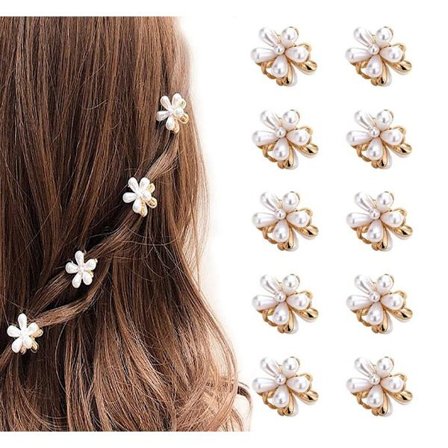 Perle Blomst Hårklemmer 10 stk, Mini Klo Klemmer med Dekorativt Pandehår, Sødt Hårtilbehør til Kvinder og Piger