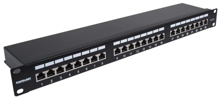 INTELLINET INT Patch Panel, 19", Cat6A, 24-Port, Shielded, 1 U, Black