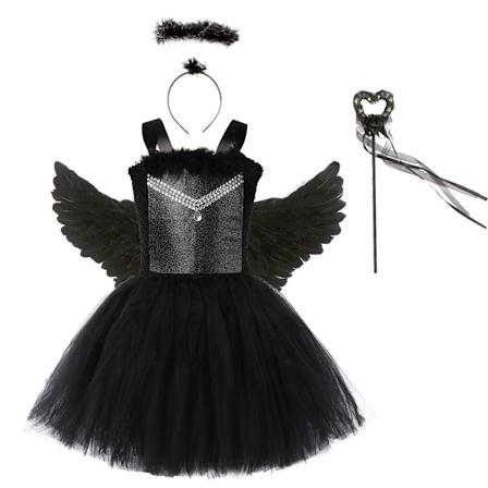Halloween uusi musta enkeli tytt jen musta verkkokangas pikku piru p rr inen hame prinsessamekko lasten asukokonaisuus nelj lle M