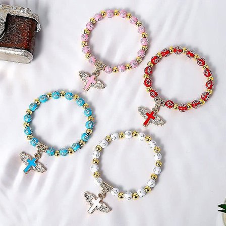 4st Angel Wing Cross Armband, Rosenkransarmband för kvinnor, Katolsk Stretch Bead Armband Doppresent