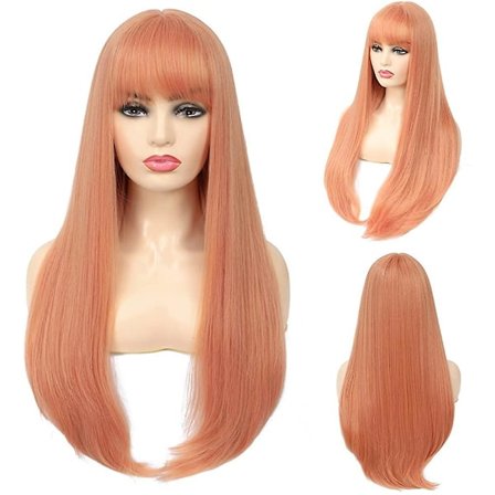 Lång rosa peruk för damer, slät, rakt hår, 28 tum, naturlig look, lugg