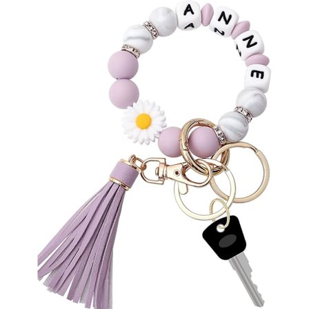 Personligt nyckelband i silikon med pärlor för kvinnor, armband för hus- och bilnycklar, nyckelring med tofsar