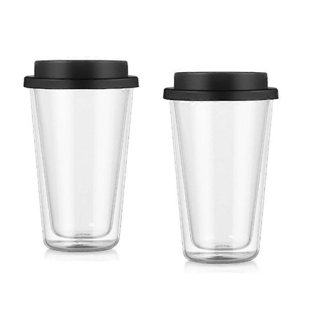 2 pakker dobbeltveggede kaffekopper i glass med silikonlokk, 350 ml isolerte drikkekaffekopper, tåler oppvaskmaskin