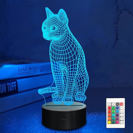 3D Kattlampa Nattlampa Kattunge 3D Illusionlampa för Barn, 16 Färger som Skiftar med Fjärrkontroll, Barnrumsinredning som Jul- och 