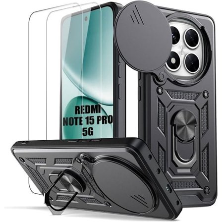 Cover til Xiaomi Redmi Note 15 Pro 5G - med bagtil ring - Sort - 2 hærdede glas