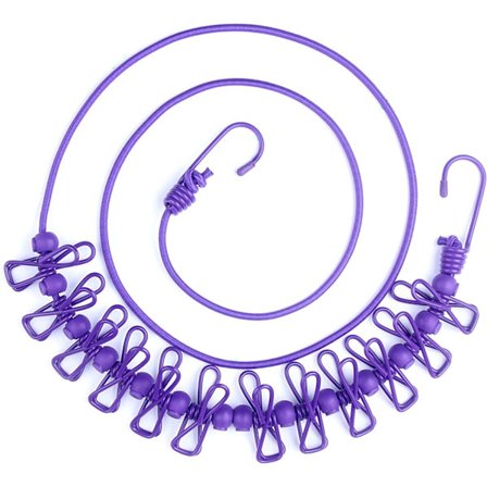 Bærbar elastisk klesvaskesnor med 12 klesklyper Reiseutstyr for utendørs og innendørs bruk