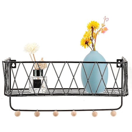 Musta seinälle kiinnitettävä eteisen säilytyskori, jossa 6 avainlenkkiä