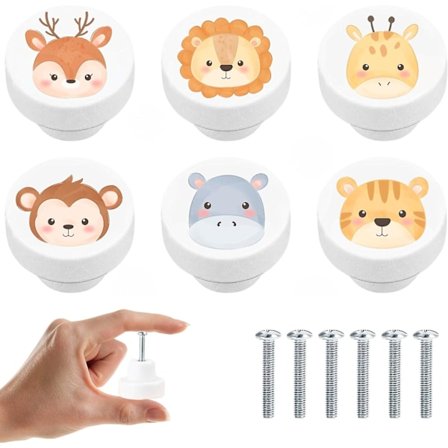 Trähandtag för barn + skruvar - med djurmotiv - barnknappar för lådor, garderob, byrå