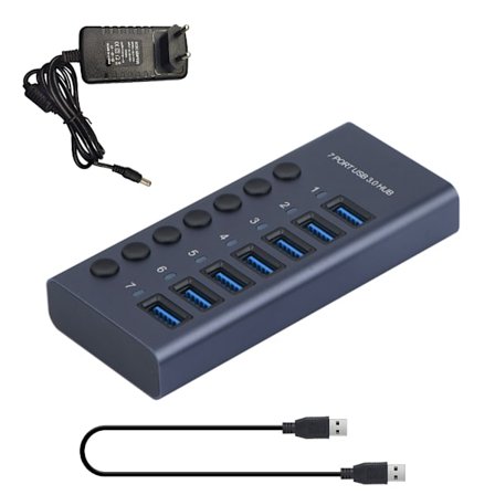 USB-keskitin 7-porttinen USB 3.0 -telakointiasema USB-jakaja yksittäisillä virtakytkimillä lataukseen ja tiedonsiirtoon 5Gb
