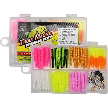 Trout Magnet Neon Kit - 70 Grub Kroppe og 15 Størrelse 8 Kroge. Multi