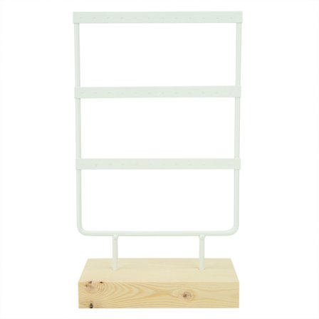 36 reiän metallinen koruteline puupohjalla, valkoinen korvakorujen ja kaulakorujen järjestäjä