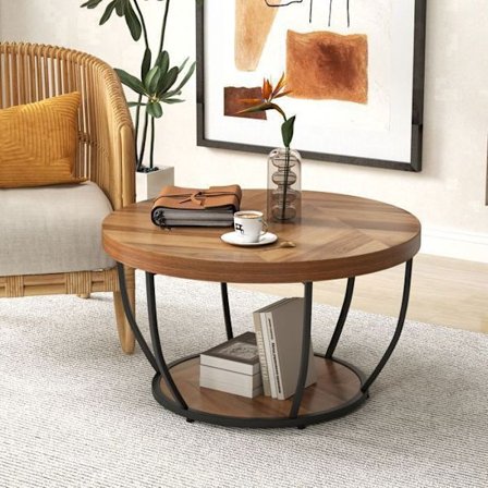 Bordplade 80 cm med 2 niveauer COSTWAY, metalramme, rund sidebord i træ til stue, naturlig