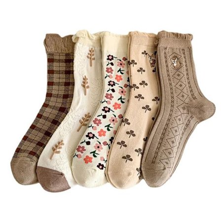 5 par britiske retro-stil forårs- og efterårsstrømper til kvinder, fashionable bomuldsstrømper