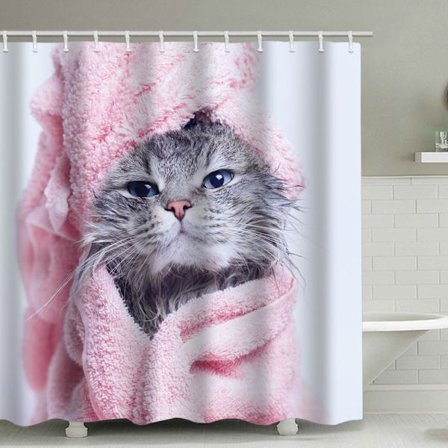 Rosa duschdraperi med kattunge, med 12 plastkrokar