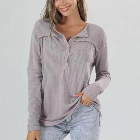 Damer Button Down Tunika Blus Waffle Pullover