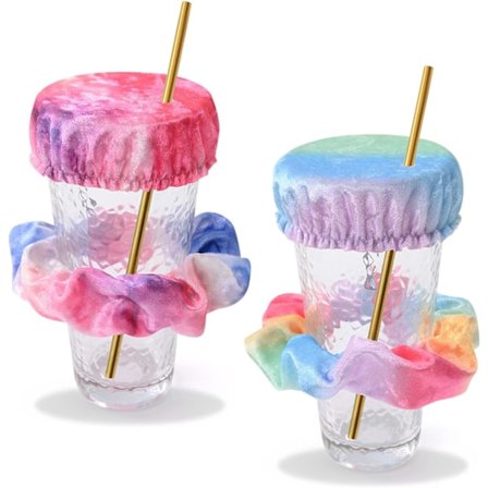 2-pakning drikkebeskytter Scrunchies (farge), anti-stikk drikkedeksler med stråhull, gjenbrukbare og vaskbare, for de fleste kopper glass i barfester