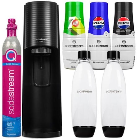 Kolsyratort till vatten - Sodastream - Terra Svart - 2 flaskor - QuickConnect-kartong - Inkluderade siraper
