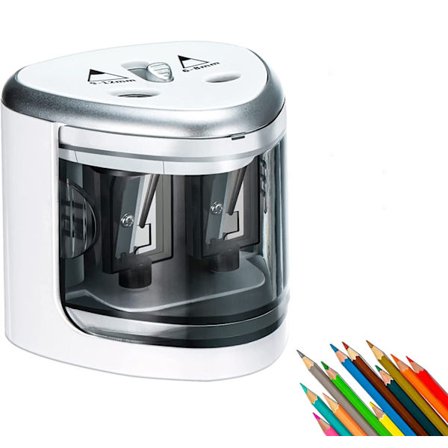 Silver - Elektrisk pennvässare, Bank of Manual and Electric Pencil Sharpeners, Dubbelhål 6mm och 12mm, Batteridriven, halkfri, säker penna