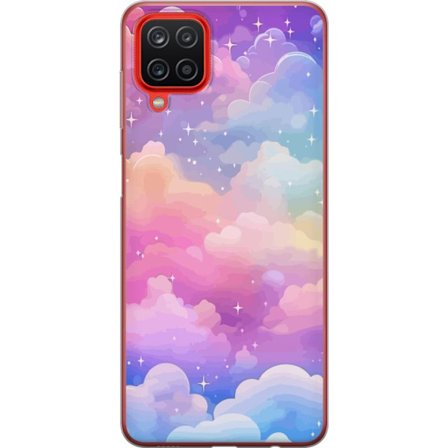 Kompatibelt Mobildeksel til Samsung Galaxy A12 Søt enhjørning med regnbuefarget hår mot en stjernebelagt pastellbakgrunn i kawaii-stil