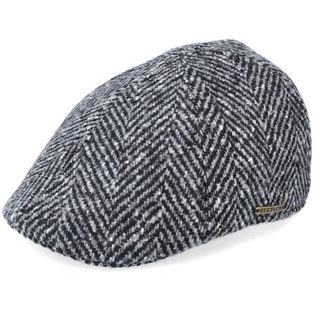 Stetson - Texas Duck Shape Texas Herringbone Black/Grey Flat Cap Flatcap Black Cap - @ Hatstore