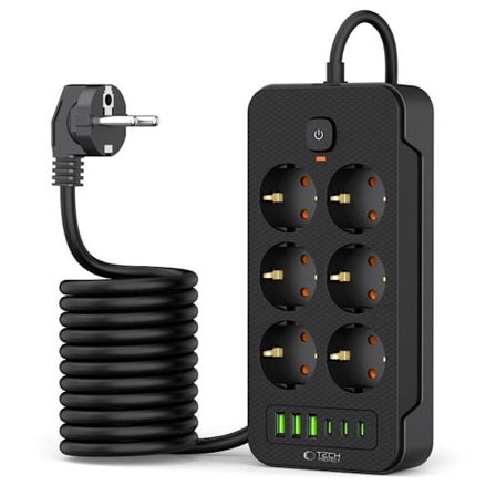Tech-Protect Grenuttag 3x USB/3x USB-C/6 Sockets 200 cm - Svart
