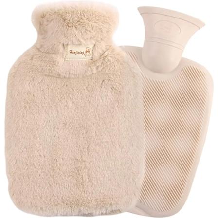 Varmvattenflaska med lock, 2L varmvattenflaska sängflaska konstgjord päls varmvattenflaskor, sängflaska för vuxna barn, beige