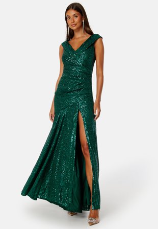 Goddiva Sequin Bardot Pleat Maxi With Split Green Klær