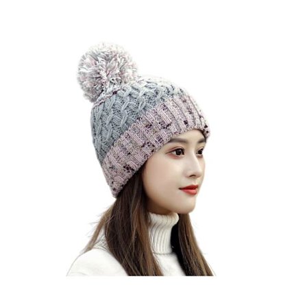 Dame vinterlue, Pom Beanie, Vinterlue, Dame løs lue, Varm strikket stretchlue, Lysegrå