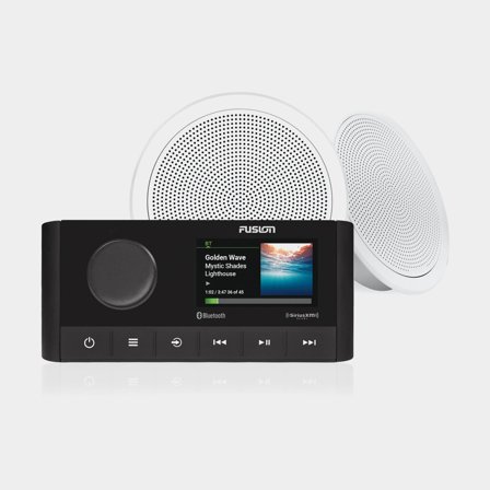 Marinestereopakke Fusion RA210, 12 V, 200 W, sort + 2 marinehøjttaler Fusion RM Round White 6.5", 120 W