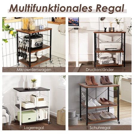 3-vånings rullvagn med justerbar hylla och 10 krokar