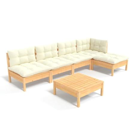 Vidaxl Loungegrupp Med Gräddvita Dynor 6 Delar Massiv Furu Creme