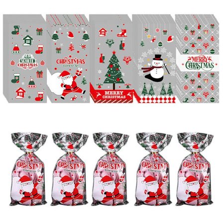 50 st julcellofanpåsar för godis, transparenta julklappspåsar med snodd för julpartytillbehör
