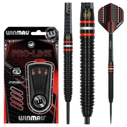 Winmau Pro-Line Darts 23 Grams 90% Tungsten Steel Tip Darts - Professional Black/Red/Silver Prism Flights - Modern Sporty Look