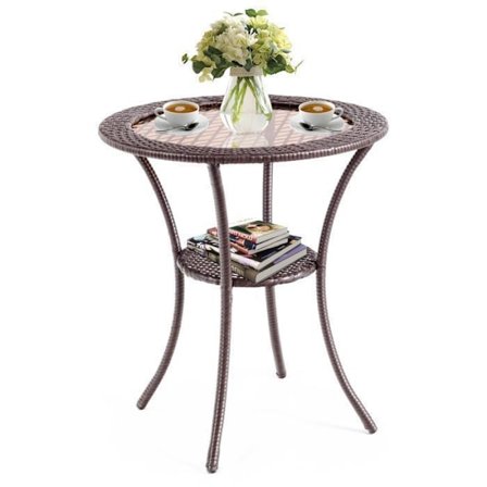 COSTWAY Havemøbel i rattan, top af hærdet glas, ramme i rustfrit jern, opbevaringsplads, rundt bord 64 x 71 cm