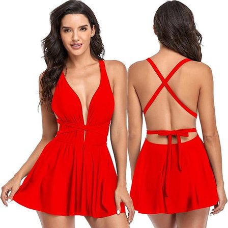 Badedrakt for kvinner, ensfarget / blomstret V-hals sexy polstret lucky